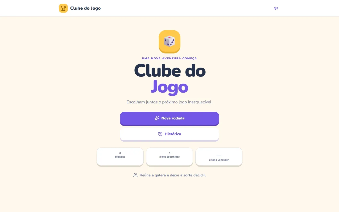 Página inicial do Clube do Jogo com os botões Nova rodada e Histórico