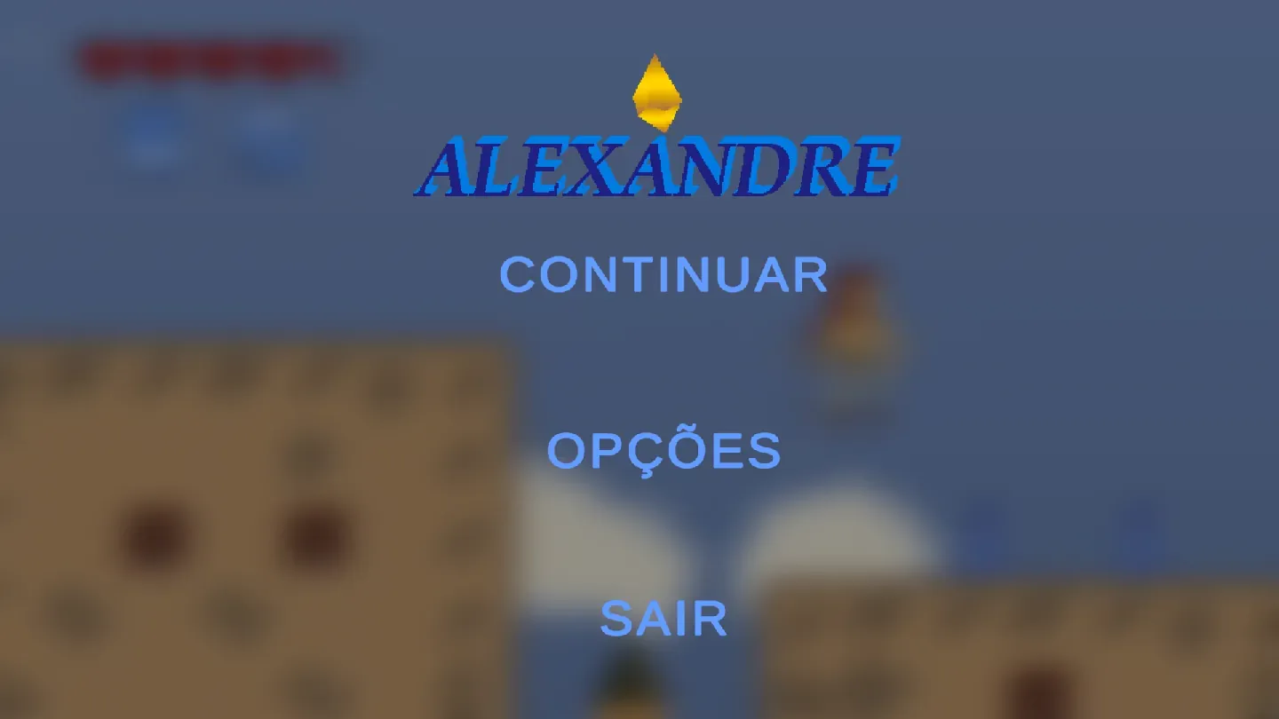 Menu inicial do Alexandre com as opções Continuar, Opções e Sair