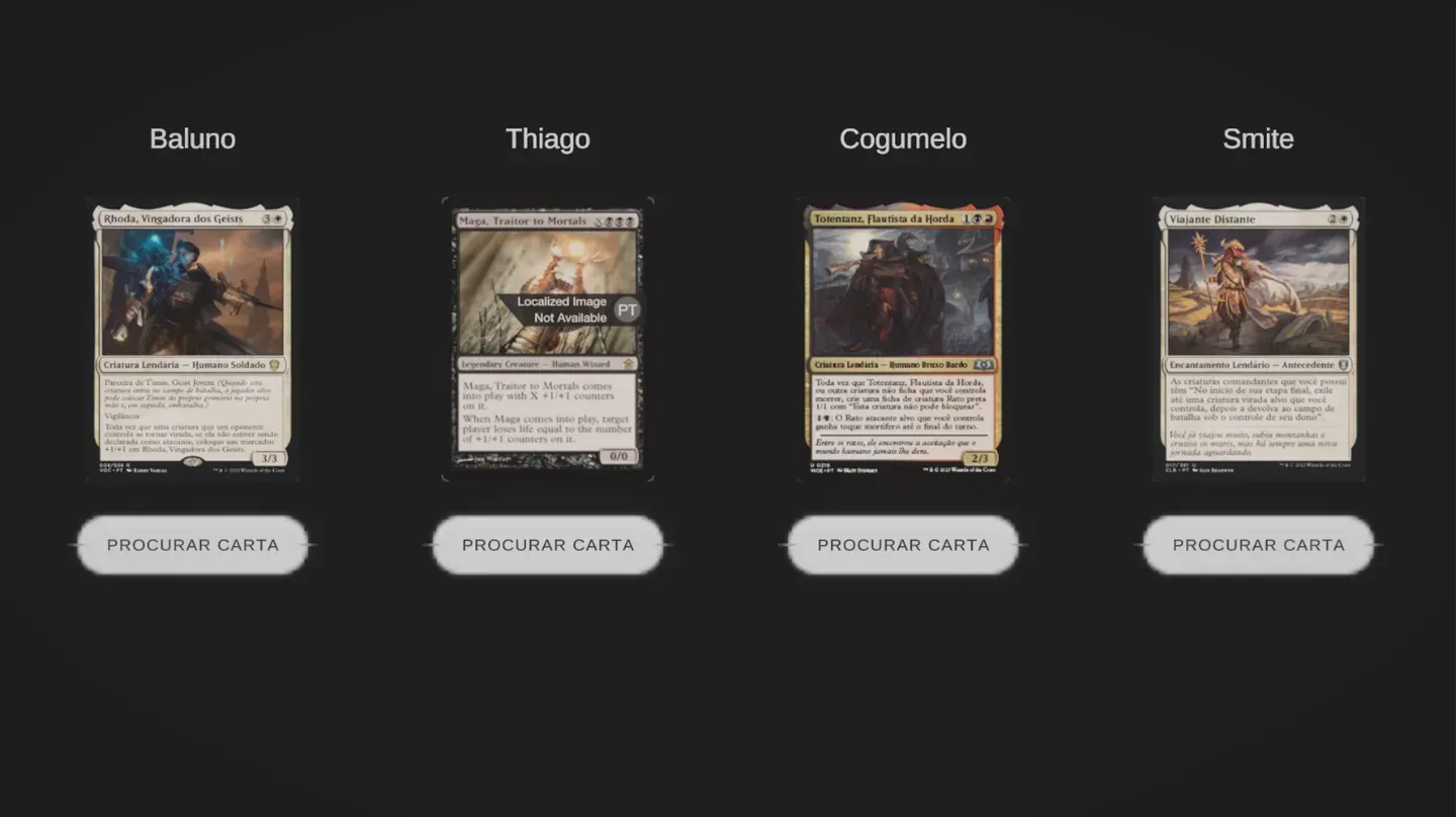Tela do Random Commander mostrando cartas sorteadas