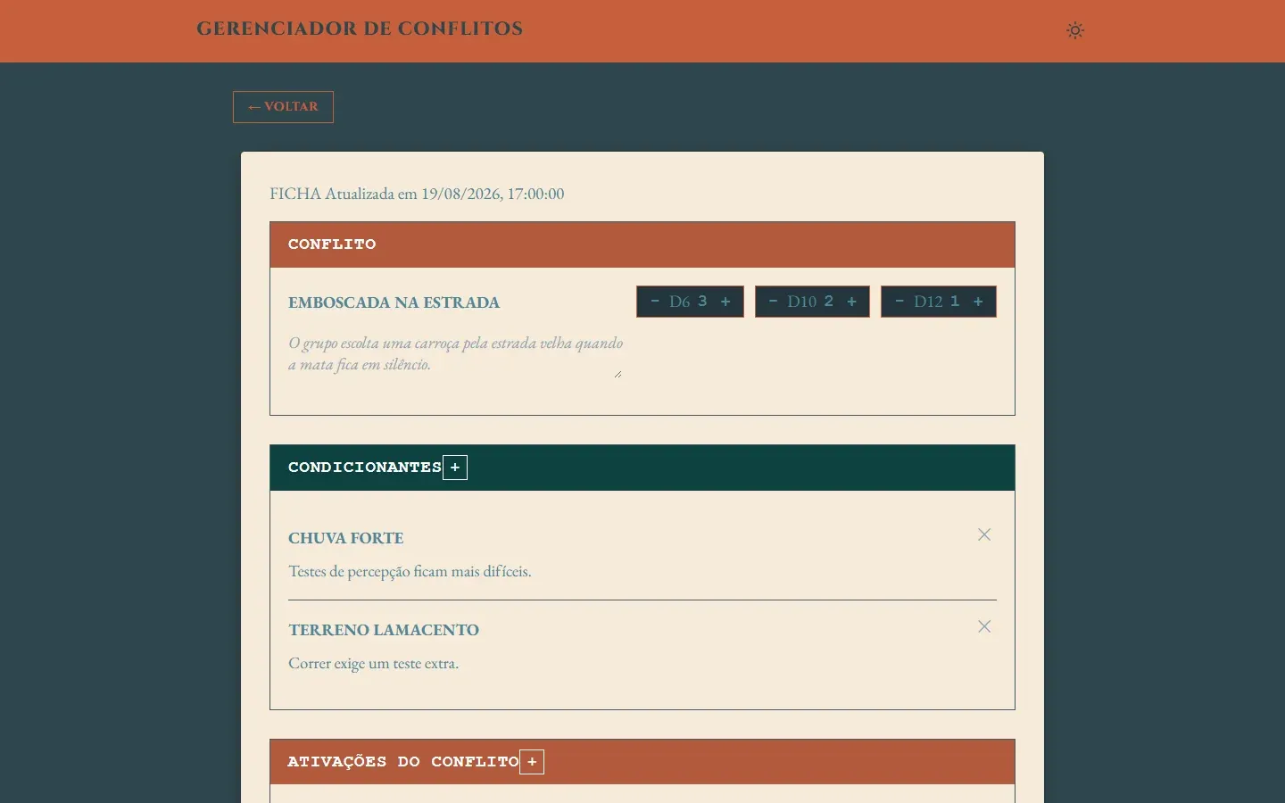 Ficha de conflito aberta no editor com os dados D6, D10 e D12 e a lista de condicionantes