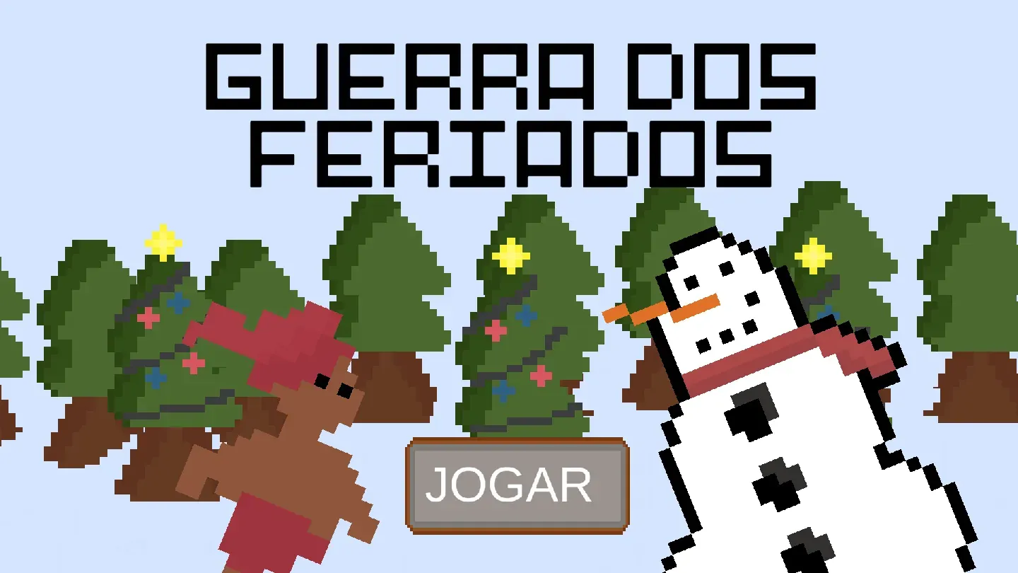 Tela título do Guerra dos Feriados com pinheiros e um boneco de neve