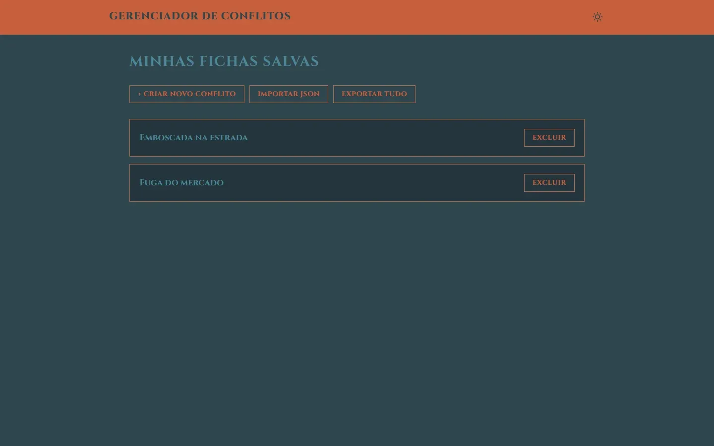 Lista de fichas salvas com os botões de criar, importar e exportar