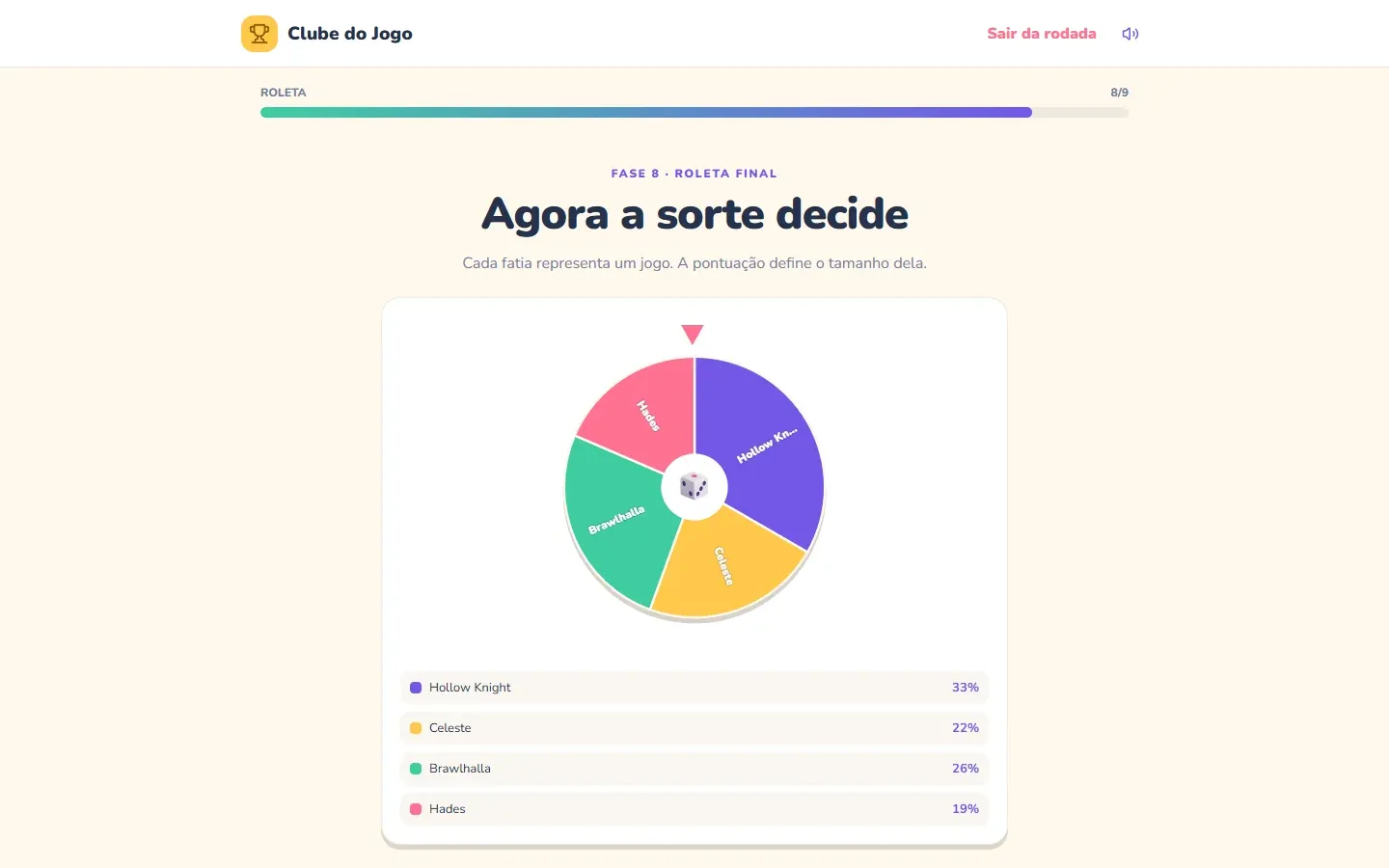 Roleta do Clube do Jogo dividida entre quatro jogos com a chance de cada um